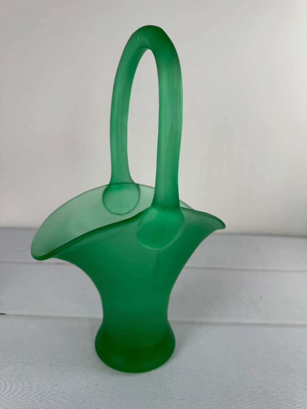 Vintage Tiffin Green Satin Uranium Glass Flower Basket Vase - Picture 5 of 8